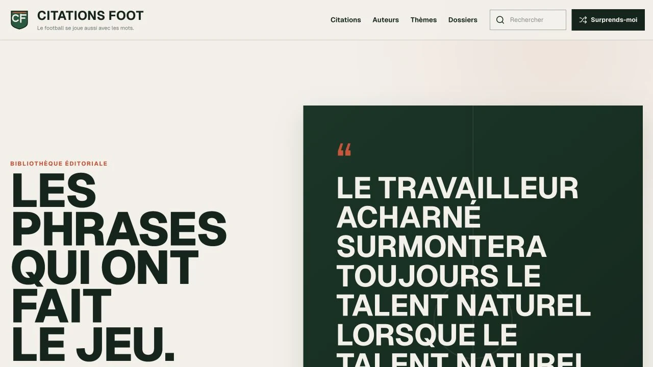 La page d’accueil de Citations Foot et sa bibliothèque de citations du football.