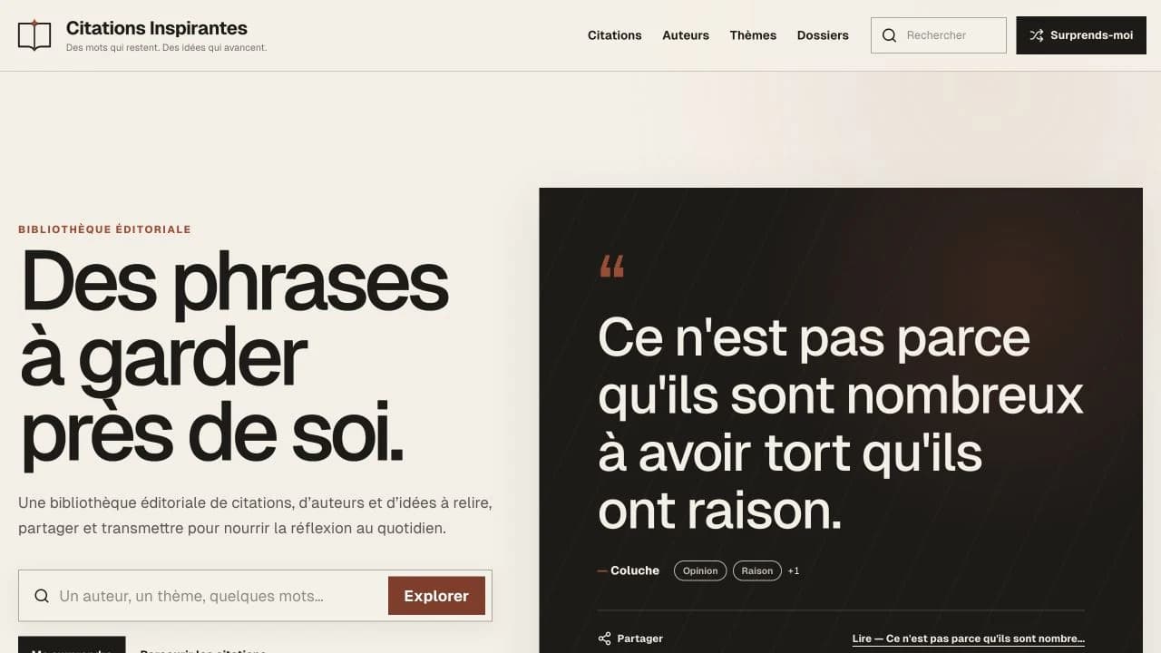 La page d’accueil de Citations Inspirantes et sa bibliothèque de citations.