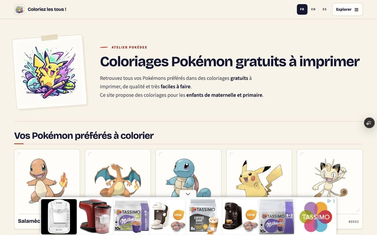 La page d’accueil de Coloriez les tous ! et son catalogue de coloriages Pokémon.