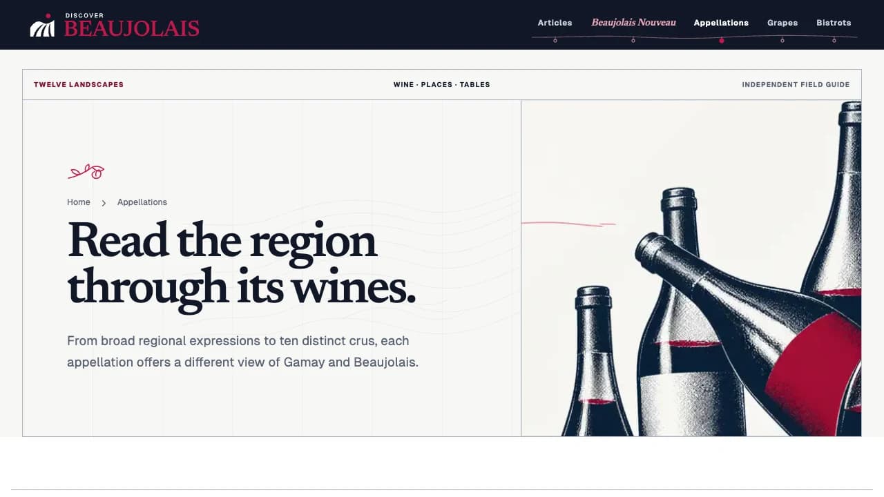 La page Appellations de Discover Beaujolais, avec sa nouvelle identité visuelle.