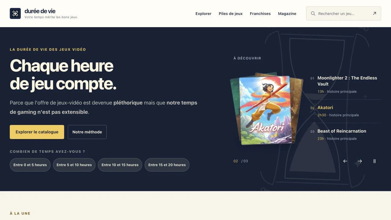 L’accueil de Durée de Vie, un guide de jeux vidéo et de leur durée.