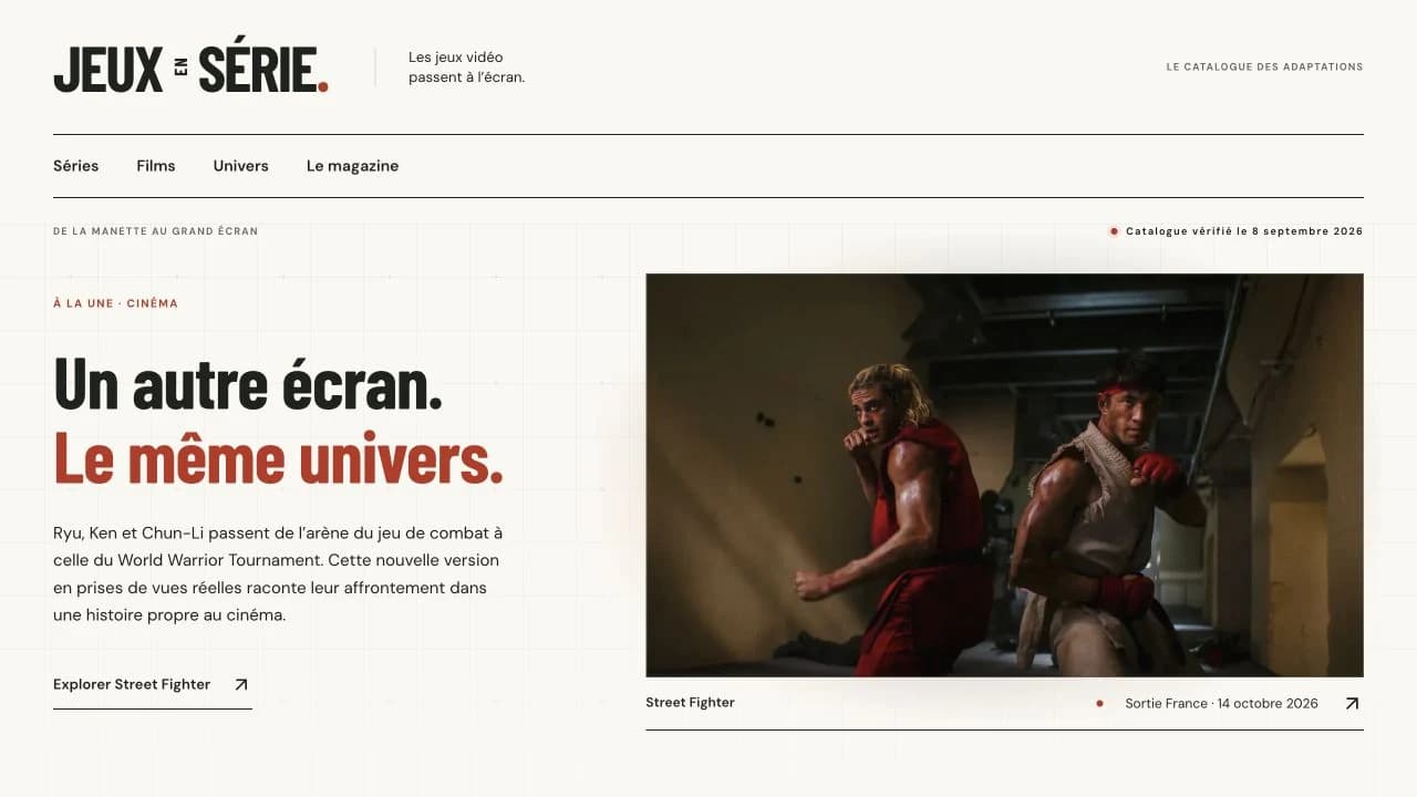 La page d’accueil de Jeux en Série, catalogue d’adaptations de jeux vidéo.