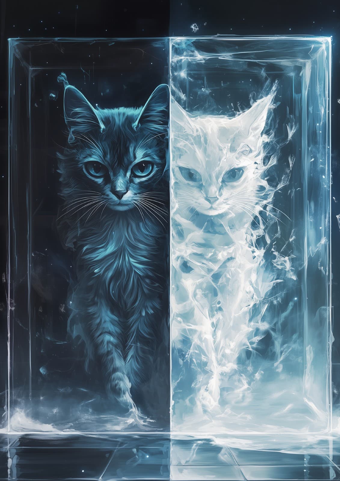 Composition bleutée en deux parties : un chat sombre à gauche et un chat clair aux contours fragmentés à droite, chacun dans un cadre transparent.