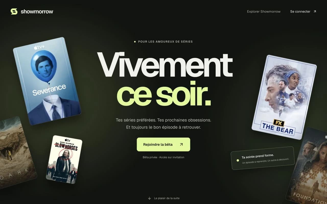 L’interface de Showmorrow pour suivre ses séries et leurs diffusions.